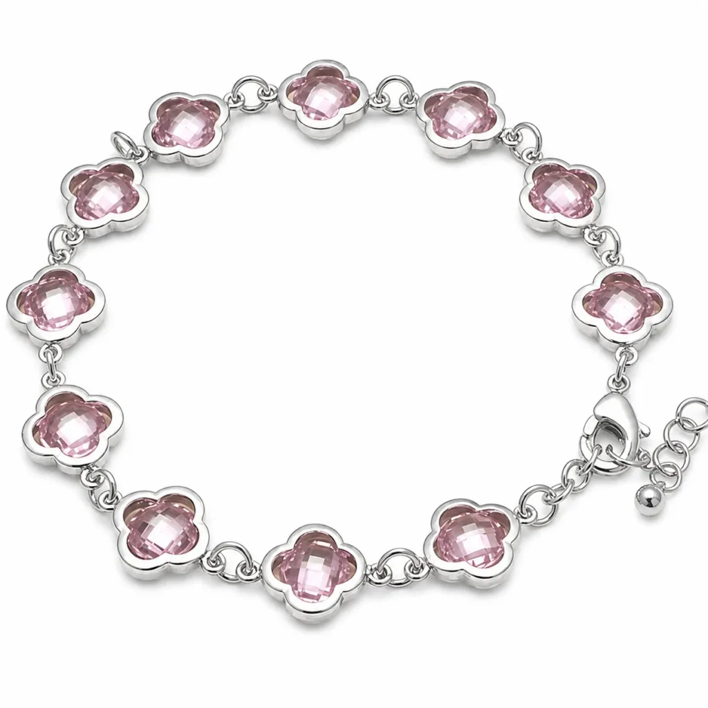 Silver-Plated Pink Clover Crystal Bracelet