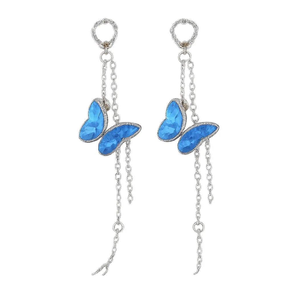 Blue Butterfly Pearl Long Drop Earrings