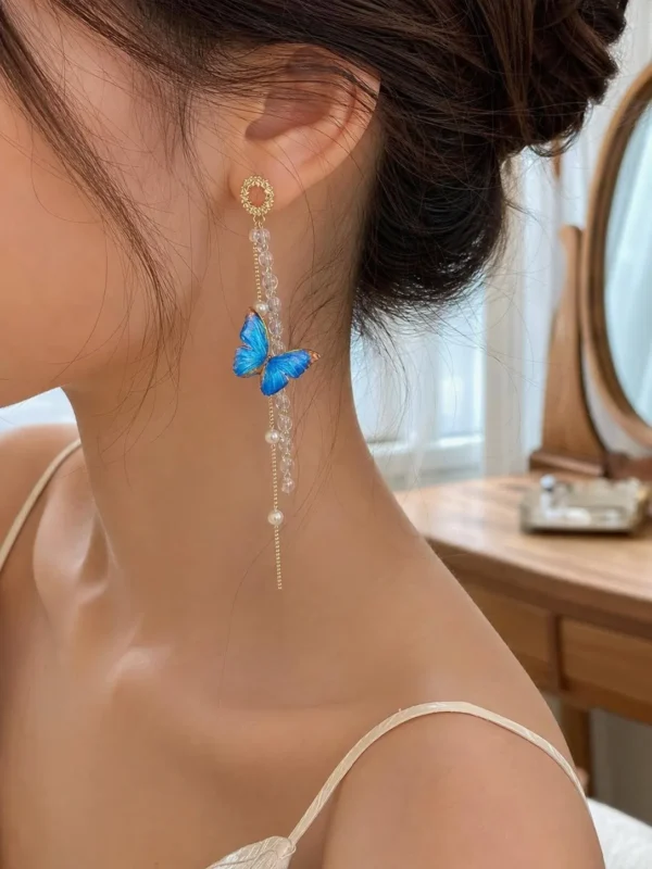 Image_2 Blue Butterfly Pearl Long Drop Earrings
