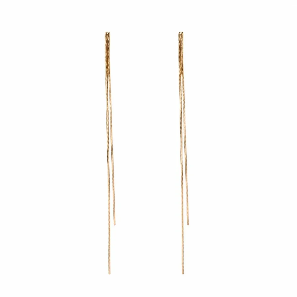 Silver needle gold long tassel earrings