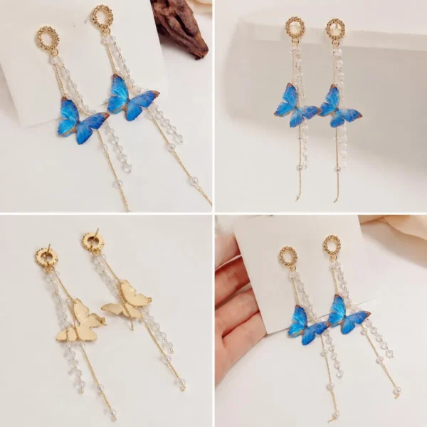 Image_4 Blue Butterfly Pearl Long Drop Earrings