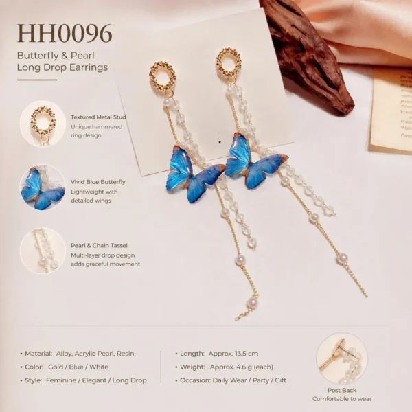 Image_5 Blue Butterfly Pearl Long Drop Earrings